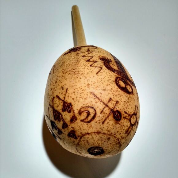 7.5" Native American Animal Hide Hand Drum & 11" Hand Carved Pictograph Maraca - Picture 4 of 8